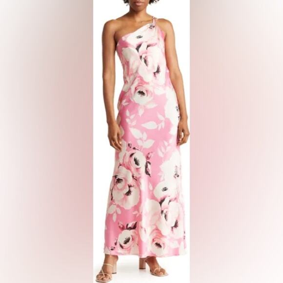 The Fashion Poet Rose One-Shoulder Gown Black/Pink Women’s Sz L - Picture 1 of 6